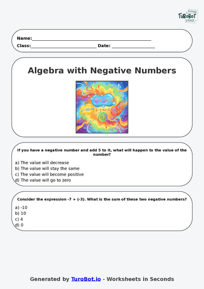 Year 6 Math Multiple Choice Worksheet – Algebra with Negative Numbers