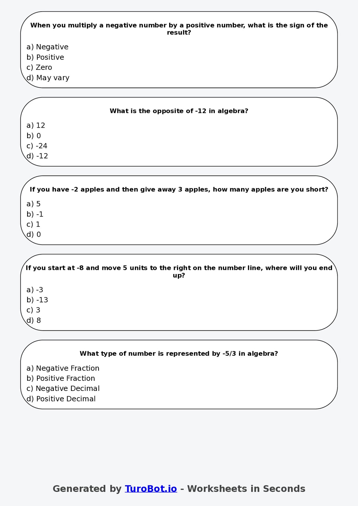 Year 6 Math Multiple Choice Worksheet – Algebra with Negative Numbers