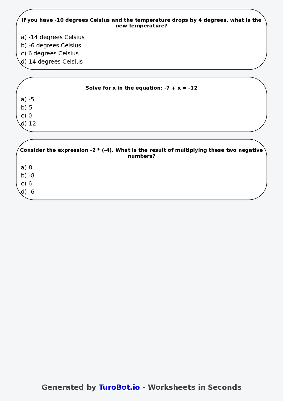 Year 6 Math Multiple Choice Worksheet – Algebra with Negative Numbers