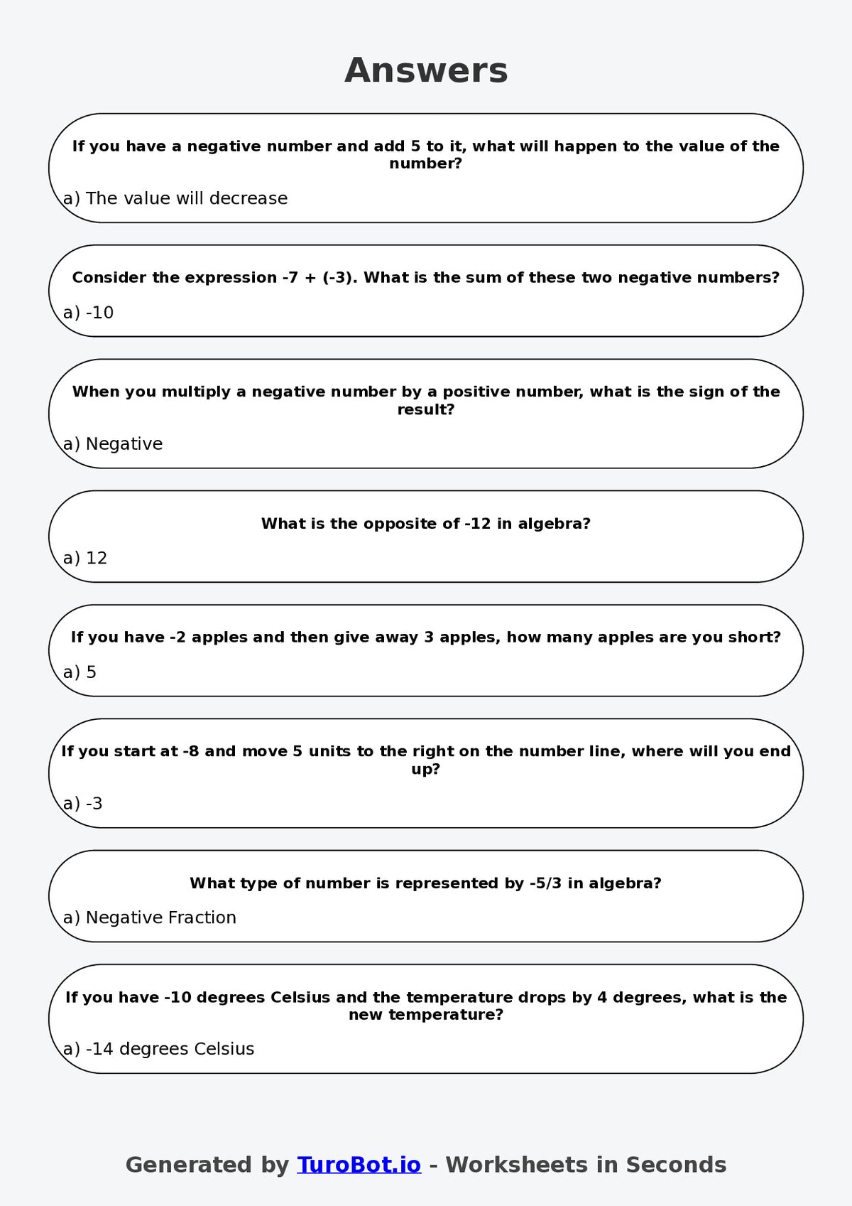 Year 6 Math Multiple Choice Worksheet – Algebra with Negative Numbers