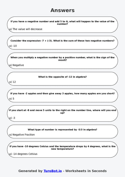 Year 6 Math Multiple Choice Worksheet – Algebra with Negative Numbers