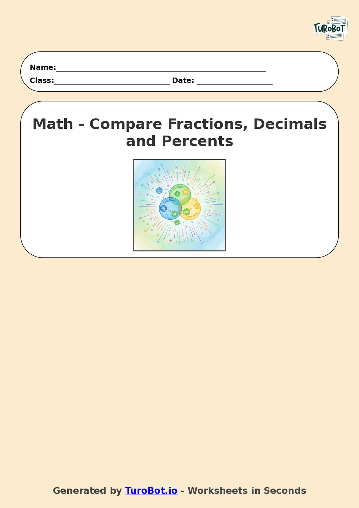 Year 6 Math Worksheet – Compare Fractions, Decimals and Percents