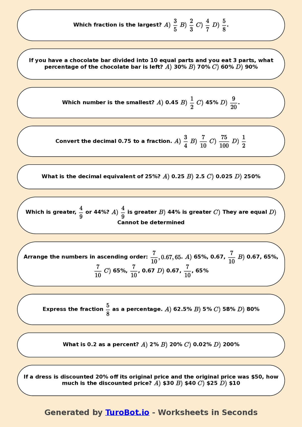Year 6 Math Worksheet – Compare Fractions, Decimals and Percents