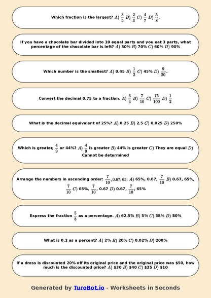 Year 6 Math Worksheet – Compare Fractions, Decimals and Percents