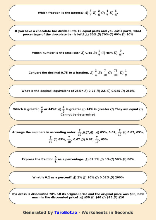 Year 6 Math Worksheet – Compare Fractions, Decimals and Percents