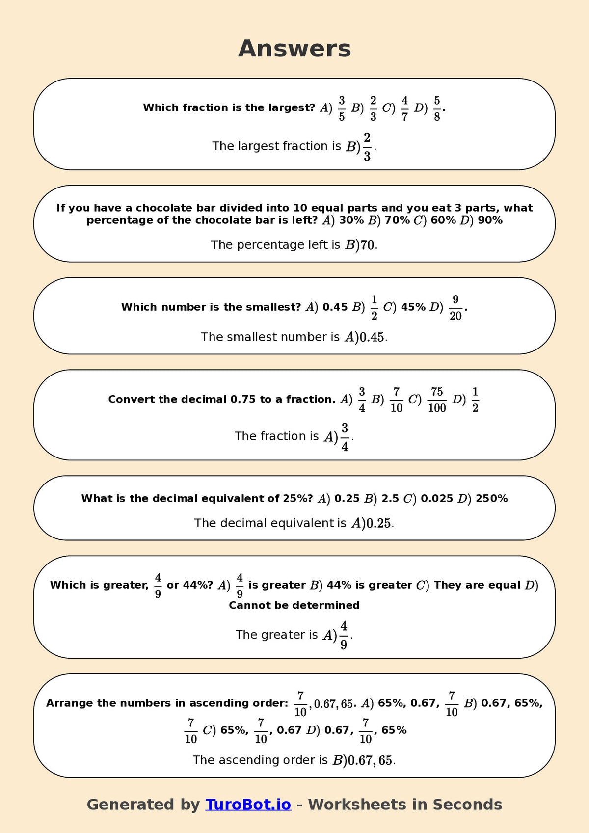 Year 6 Math Worksheet – Compare Fractions, Decimals and Percents