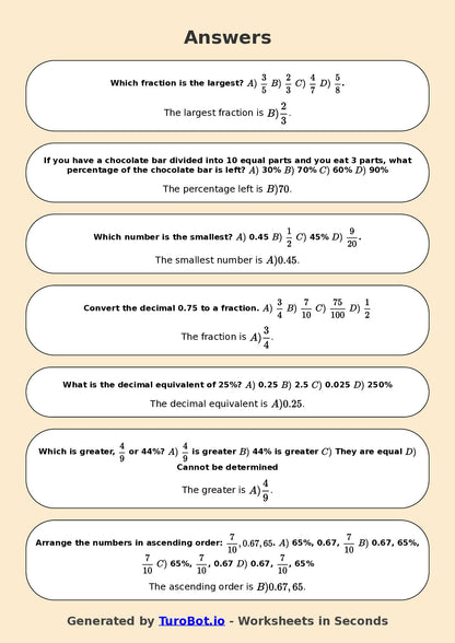 Year 6 Math Worksheet – Compare Fractions, Decimals and Percents