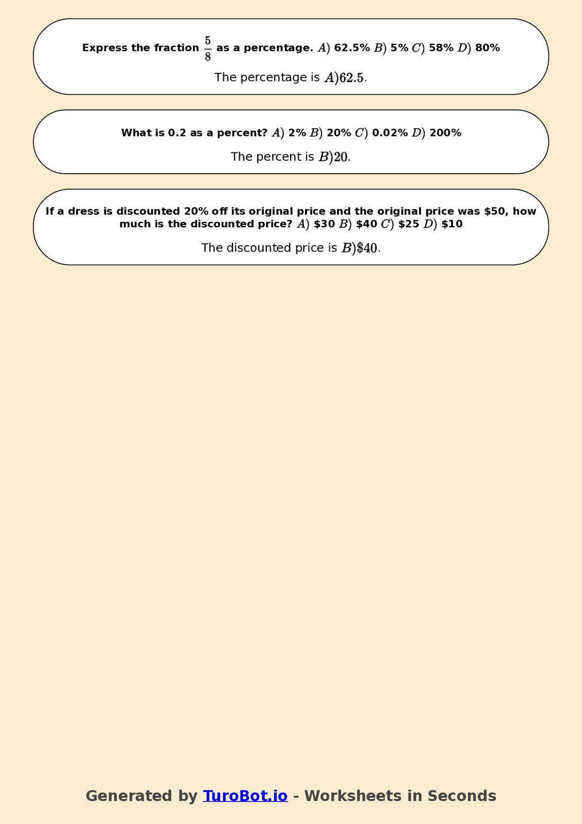 Year 6 Math Worksheet – Compare Fractions, Decimals and Percents