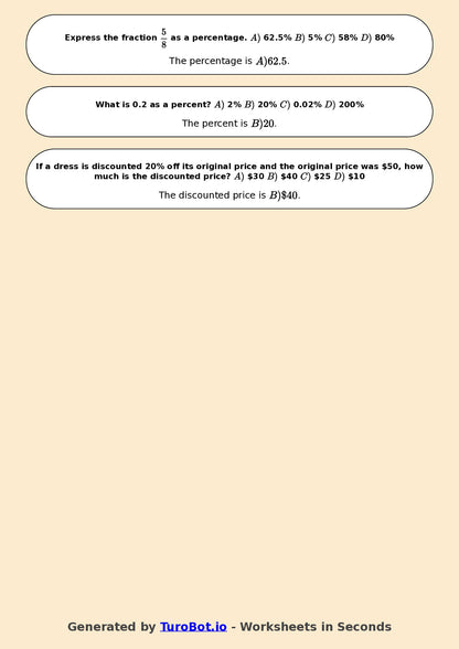 Year 6 Math Worksheet – Compare Fractions, Decimals and Percents
