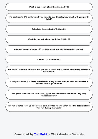 Year 6 Math Worksheet – Decimal Operations - Multiply and Divide 2