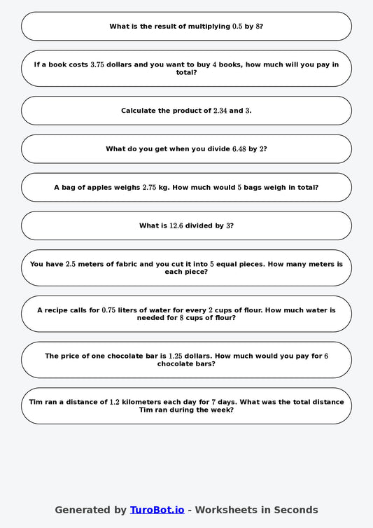 Year 6 Math Worksheet – Decimal Operations - Multiply and Divide 2