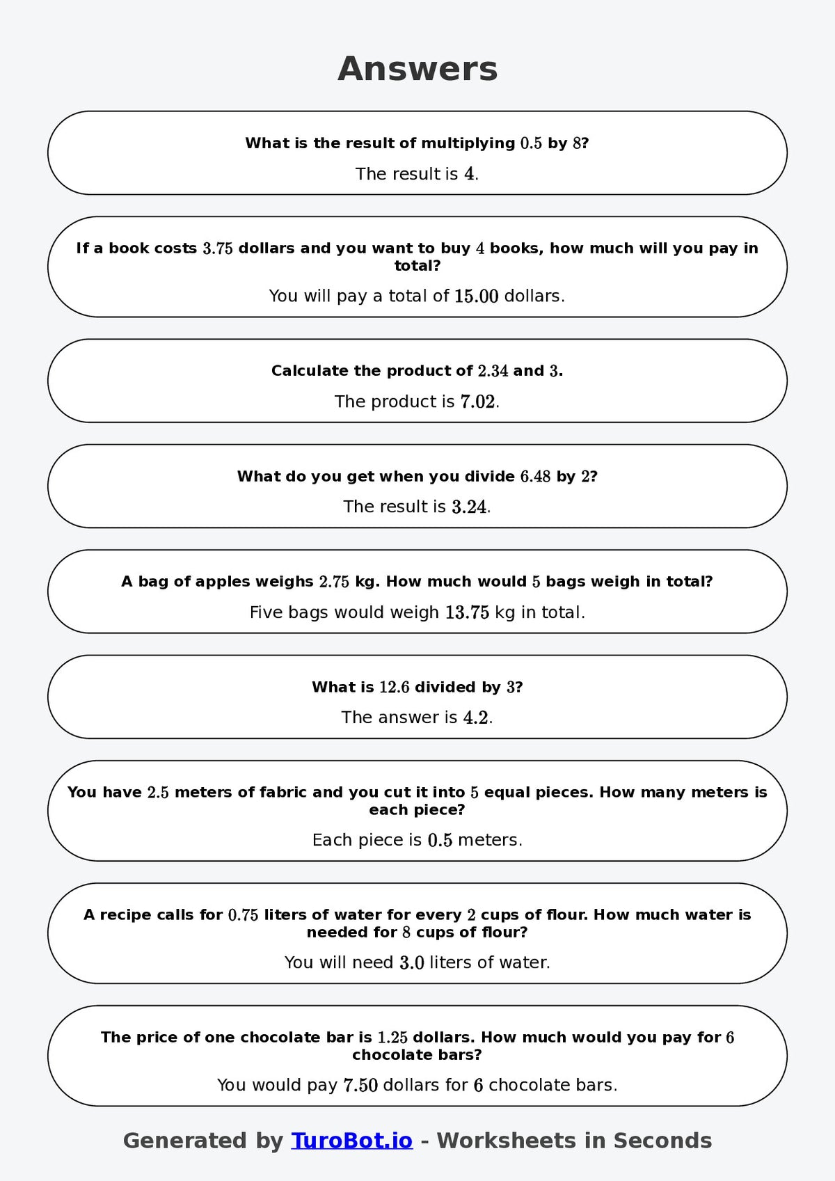 Year 6 Math Worksheet – Decimal Operations - Multiply and Divide 2
