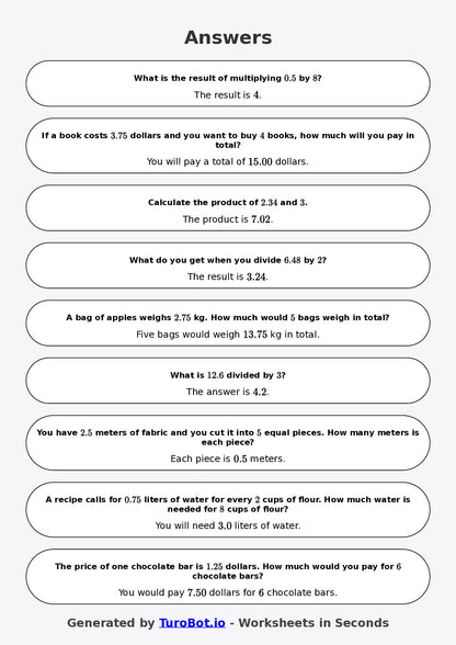 Year 6 Math Worksheet – Decimal Operations - Multiply and Divide 2