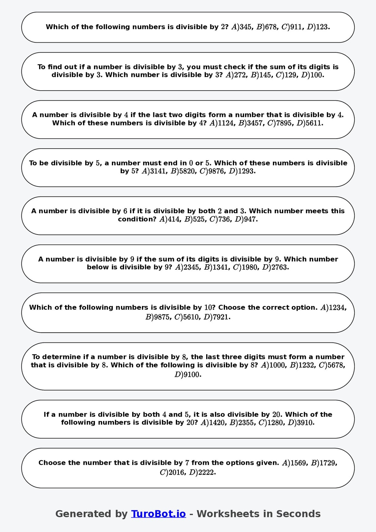 Year 6 Math Worksheet – Divisibility Tests