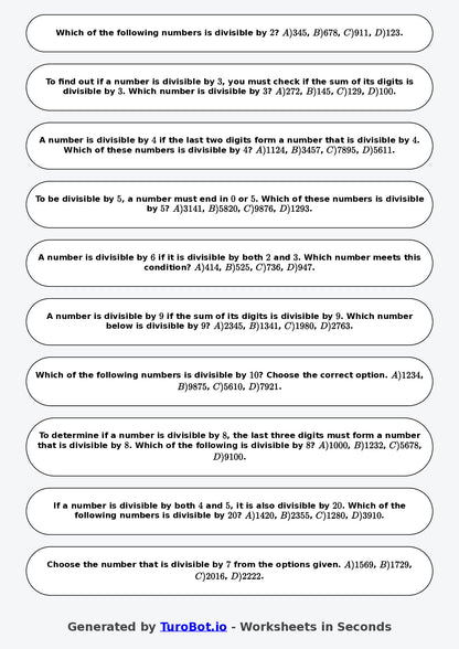 Year 6 Math Worksheet – Divisibility Tests