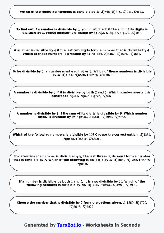Year 6 Math Worksheet – Divisibility Tests