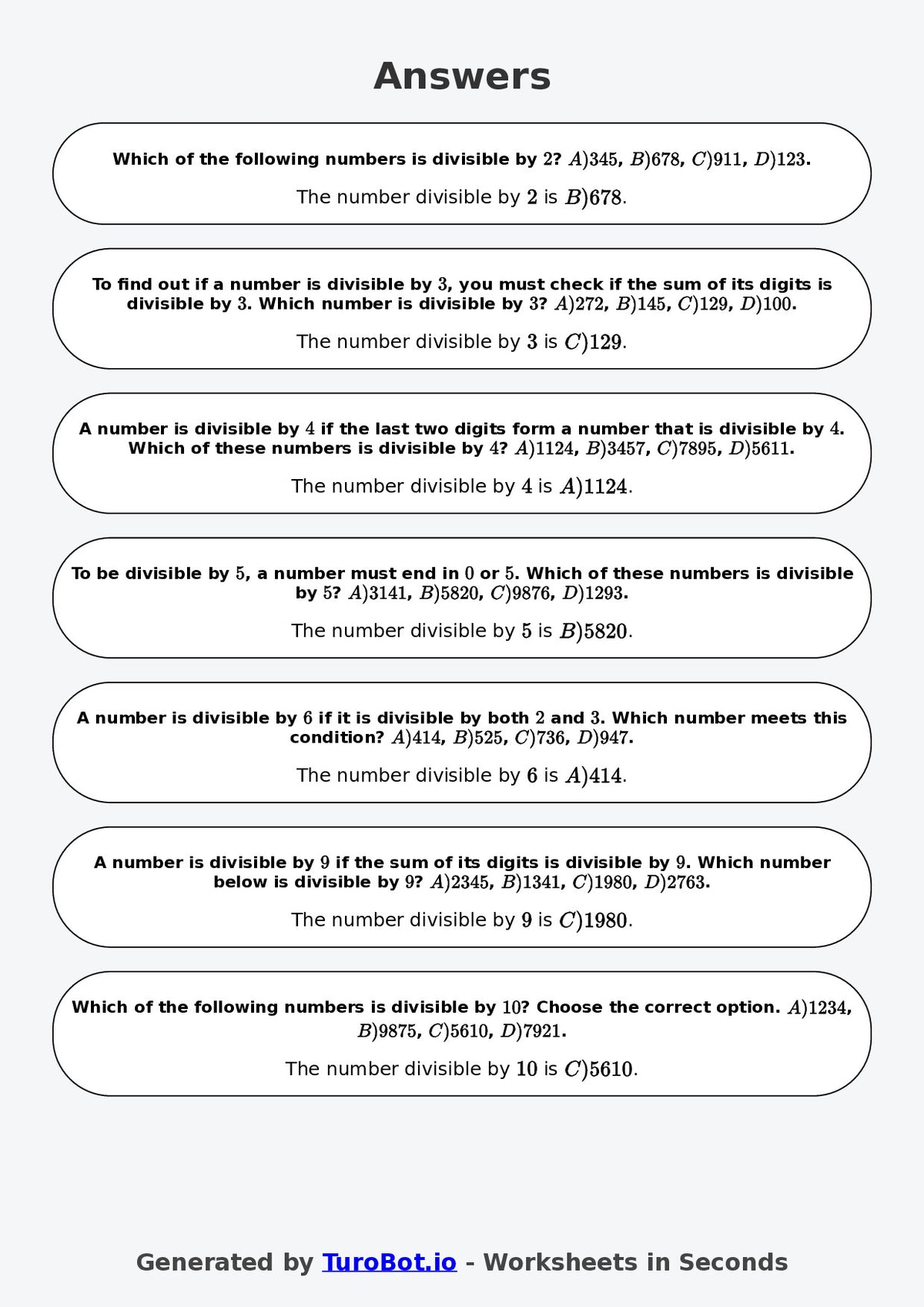 Year 6 Math Worksheet – Divisibility Tests