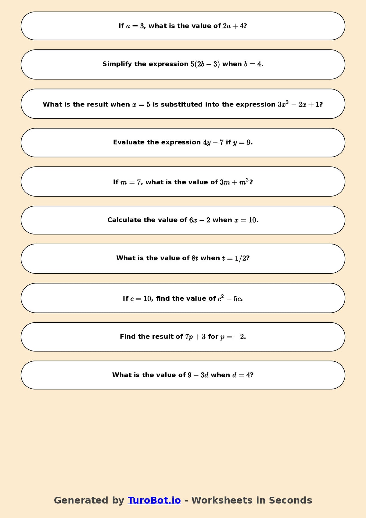Year 6 Math Worksheet – Evaluating Algebraic Expressions 2