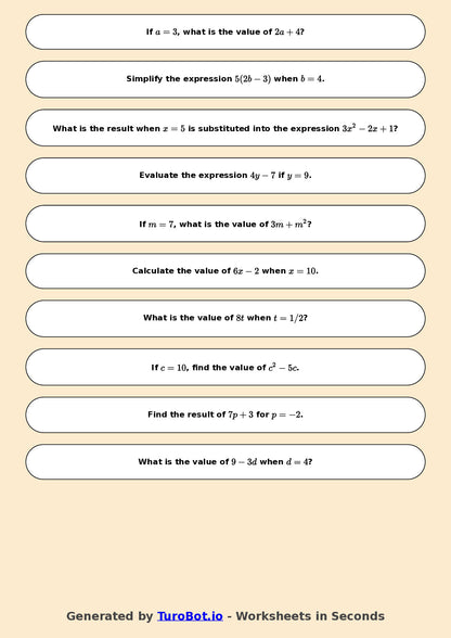 Year 6 Math Worksheet – Evaluating Algebraic Expressions 2