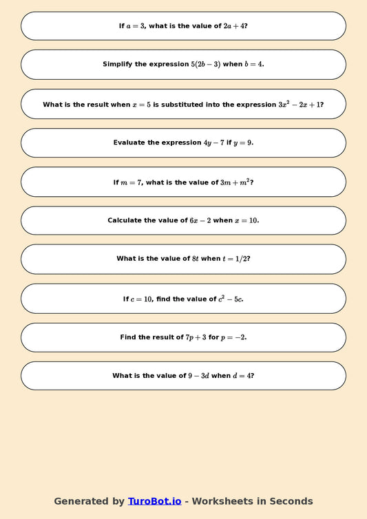 Year 6 Math Worksheet – Evaluating Algebraic Expressions 2