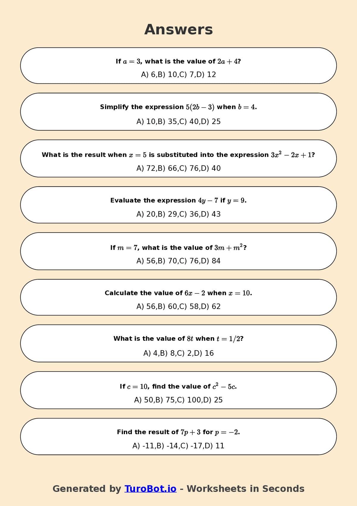 Year 6 Math Worksheet – Evaluating Algebraic Expressions 2