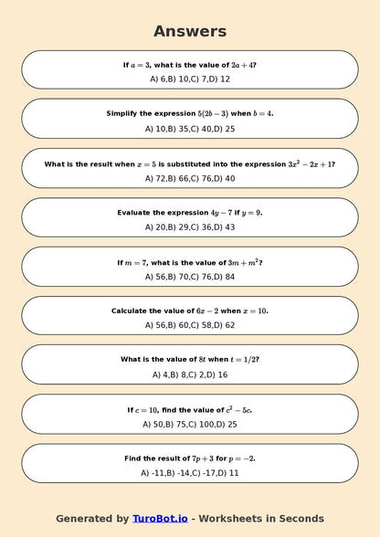 Year 6 Math Worksheet – Evaluating Algebraic Expressions 2