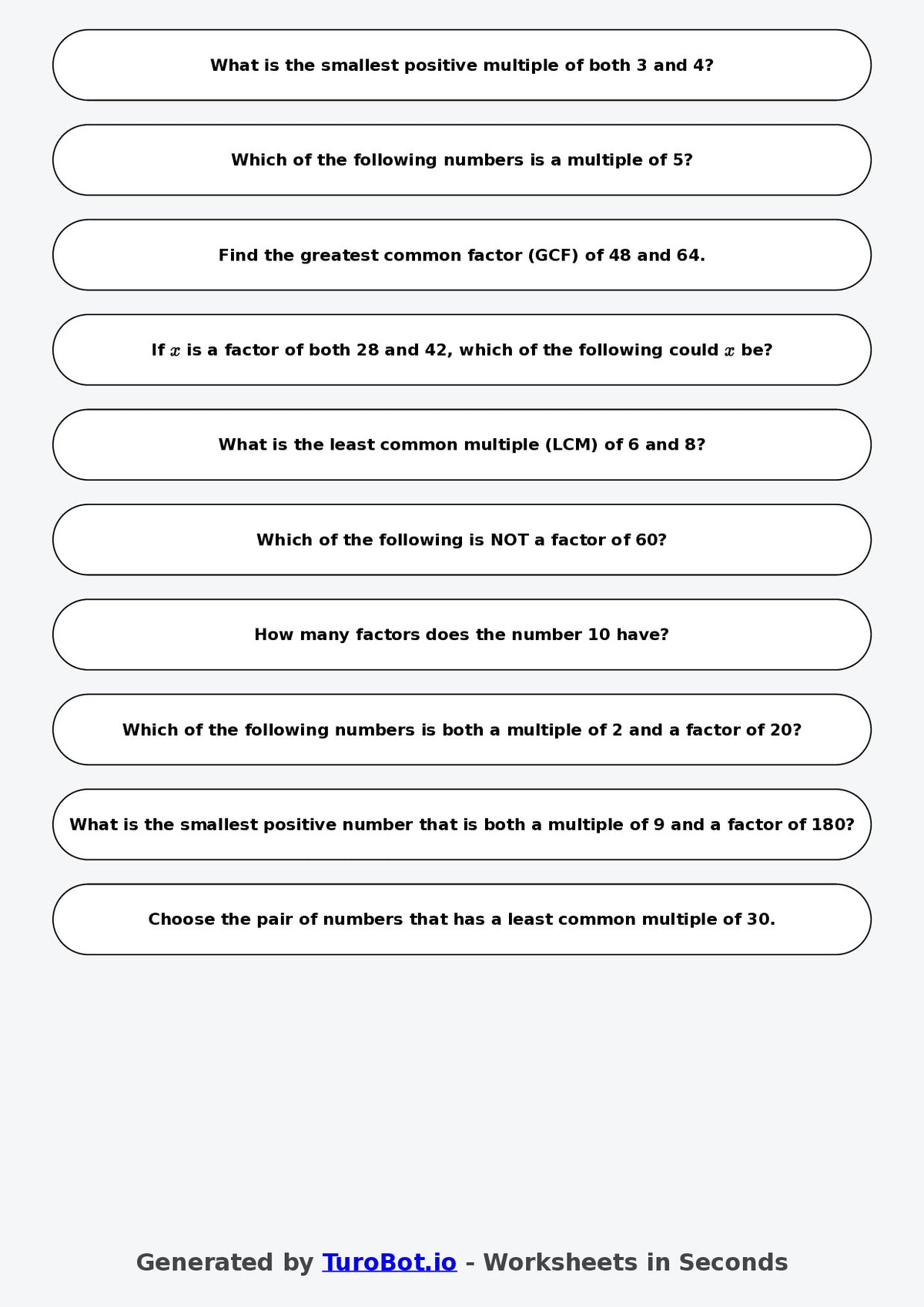 Year 6 Math Worksheet – Factors and Multiples