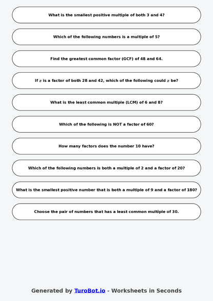 Year 6 Math Worksheet – Factors and Multiples