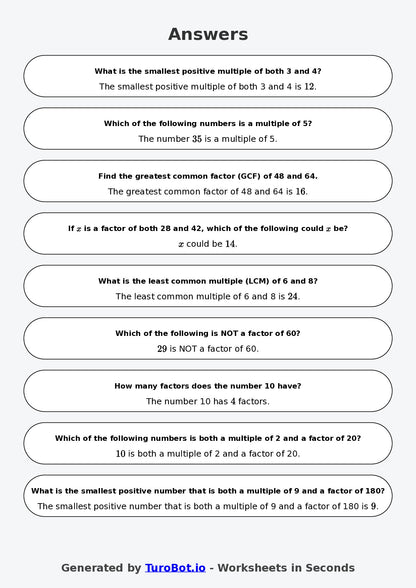 Year 6 Math Worksheet – Factors and Multiples