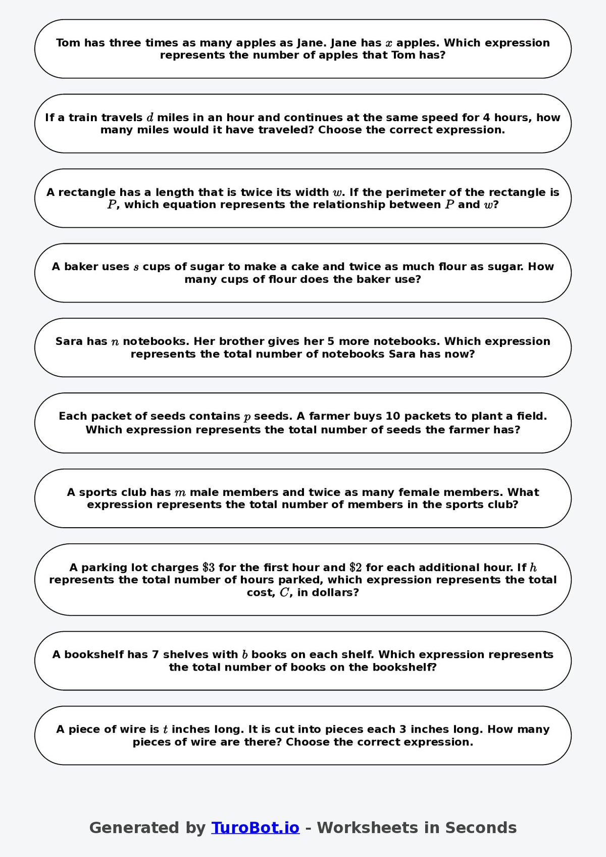 Year 6 Math Worksheet – Forming Expressions from Words