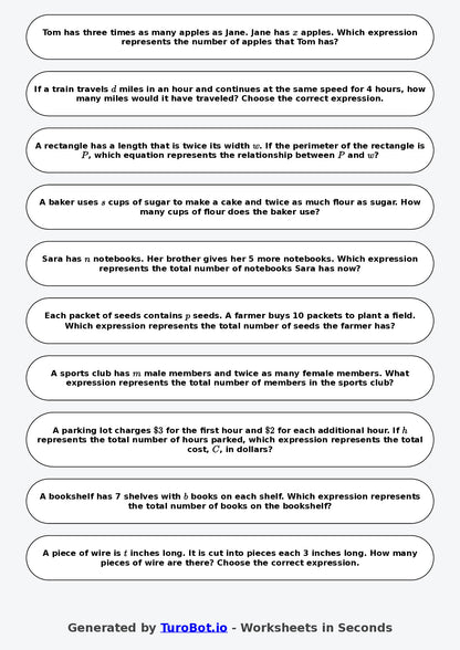 Year 6 Math Worksheet – Forming Expressions from Words