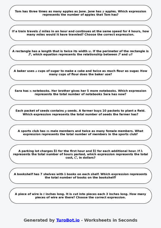 Year 6 Math Worksheet – Forming Expressions from Words