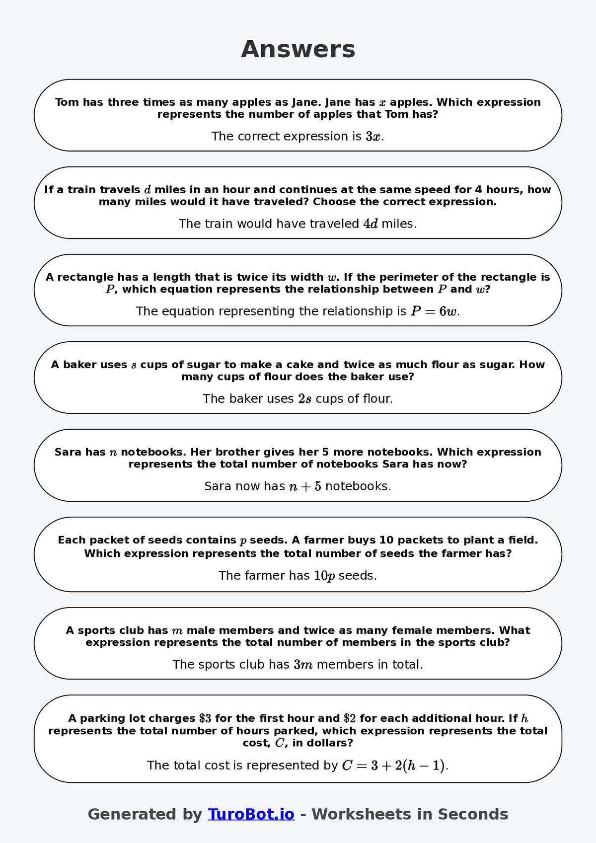 Year 6 Math Worksheet – Forming Expressions from Words