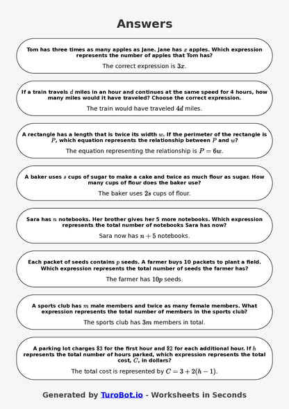 Year 6 Math Worksheet – Forming Expressions from Words