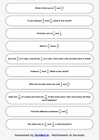 Year 6 Math Worksheet – Fraction Operations - Add and Subtract
