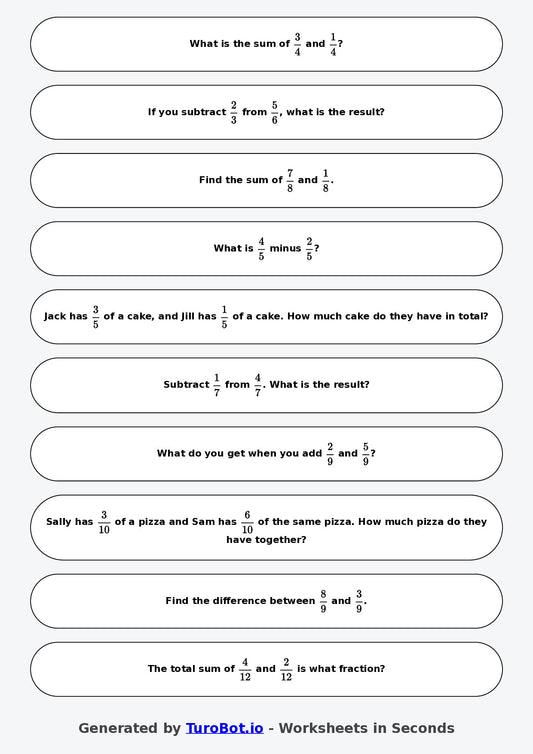 Year 6 Math Worksheet – Fraction Operations - Add and Subtract