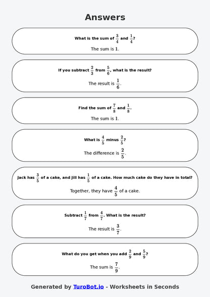 Year 6 Math Worksheet – Fraction Operations - Add and Subtract