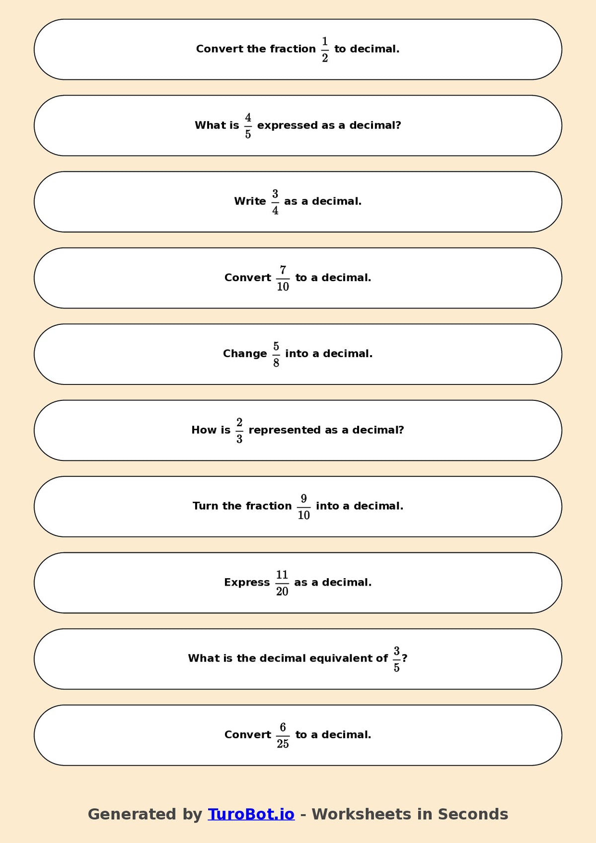 Year 6 Math Worksheet – Fractions to Decimals Basics