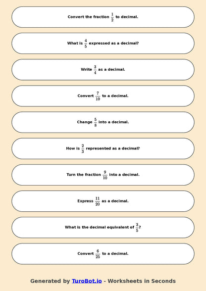 Year 6 Math Worksheet – Fractions to Decimals Basics