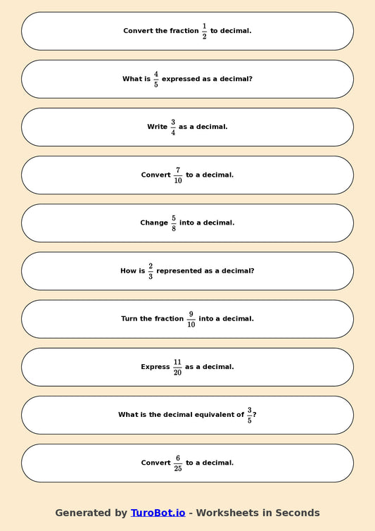 Year 6 Math Worksheet – Fractions to Decimals Basics