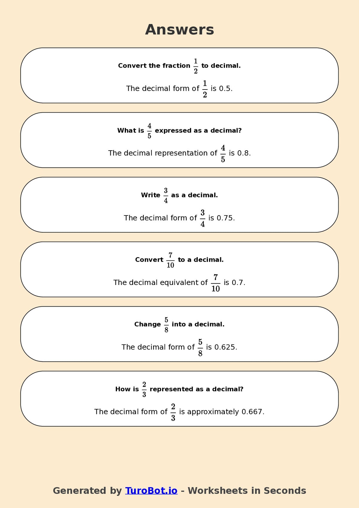 Year 6 Math Worksheet – Fractions to Decimals Basics