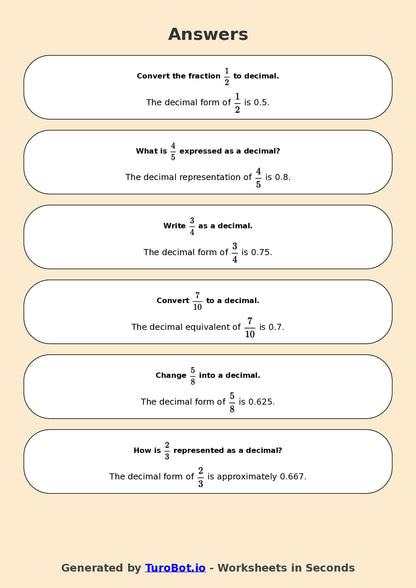 Year 6 Math Worksheet – Fractions to Decimals Basics