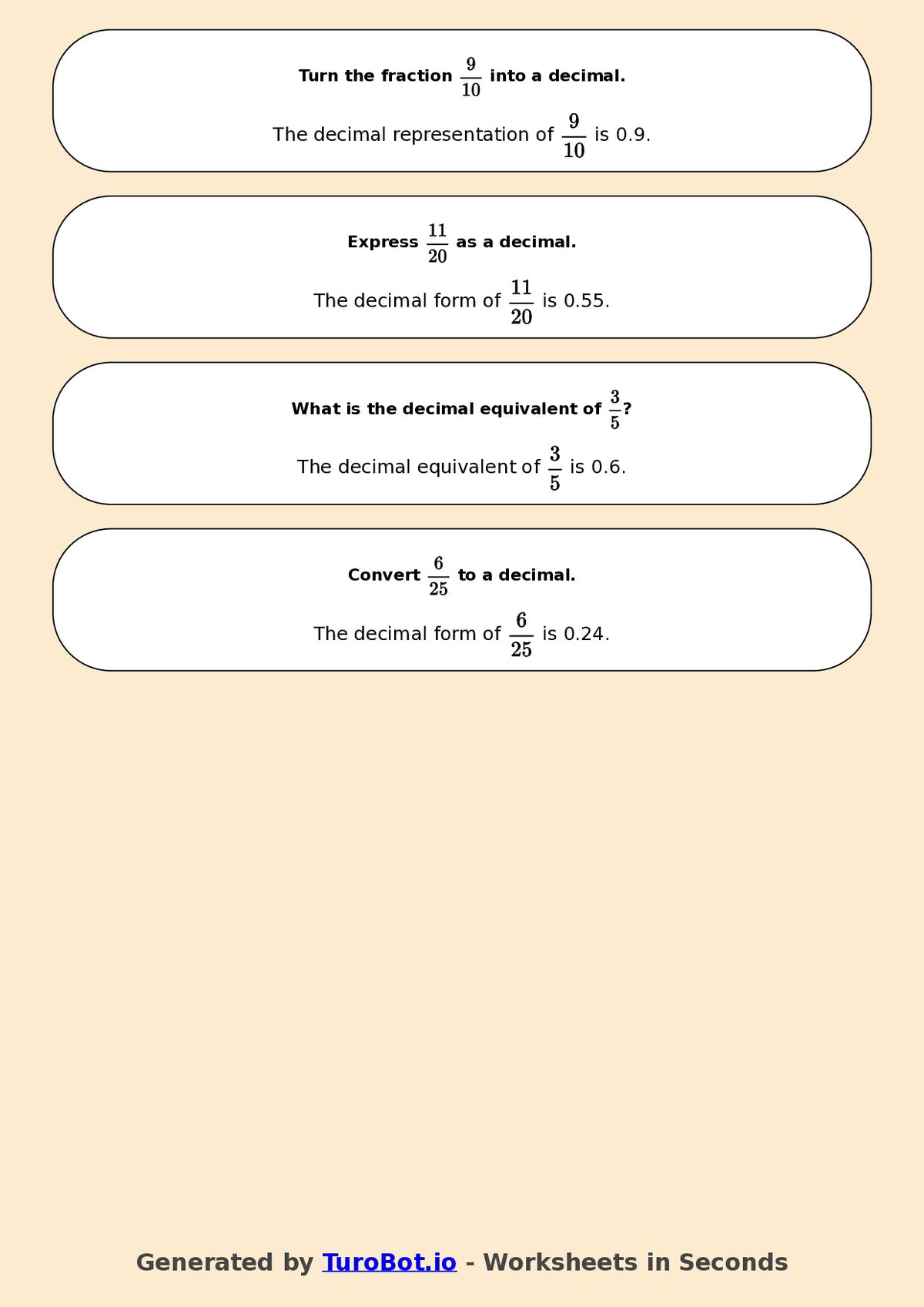 Year 6 Math Worksheet – Fractions to Decimals Basics