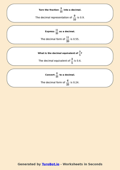 Year 6 Math Worksheet – Fractions to Decimals Basics