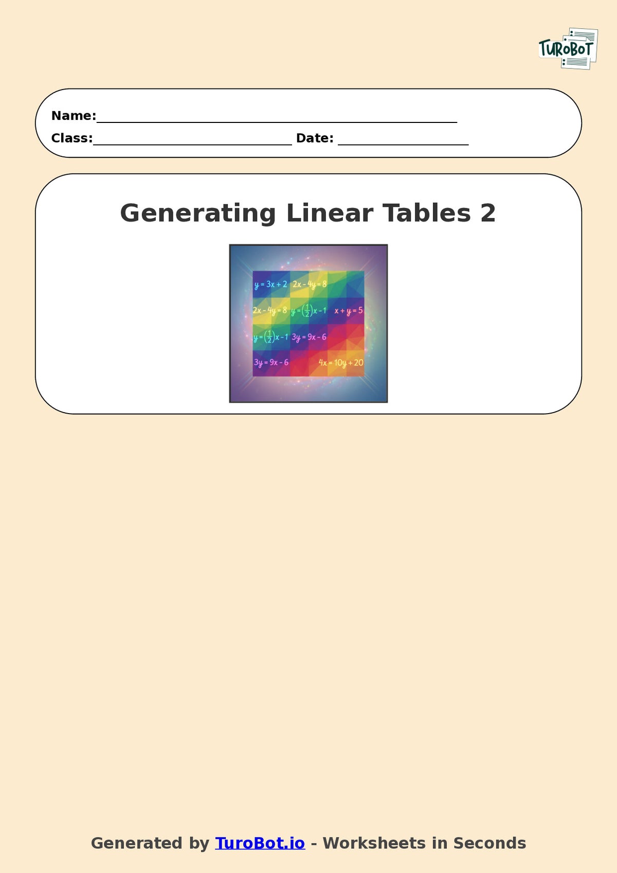 Year 9 Math Worksheet – Generating Linear Tables 2