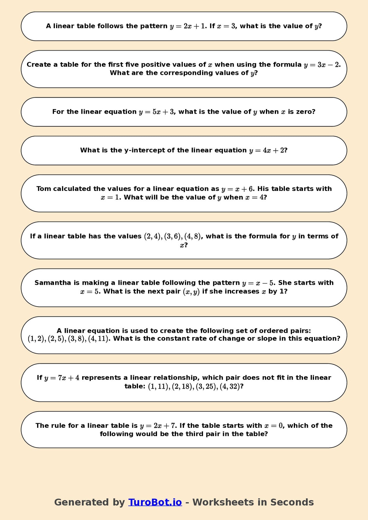 Year 9 Math Worksheet – Generating Linear Tables 2