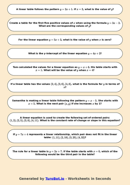Year 9 Math Worksheet – Generating Linear Tables 2