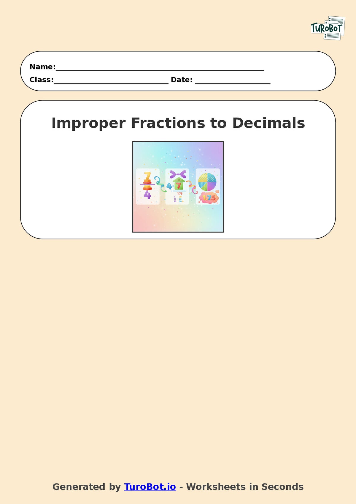 Year 6 Math Worksheet – Improper Fractions to Decimals 2