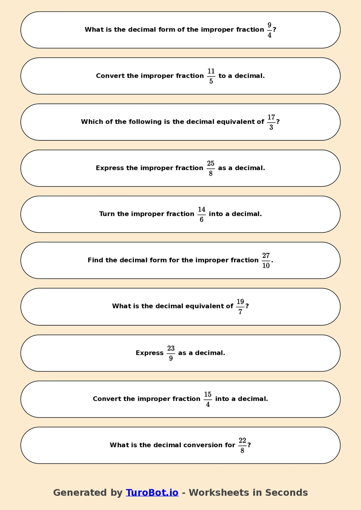 Year 6 Math Worksheet – Improper Fractions to Decimals 2