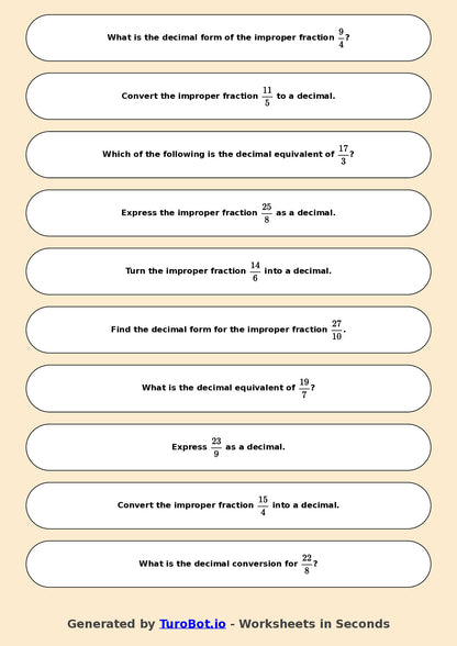 Year 6 Math Worksheet – Improper Fractions to Decimals 2